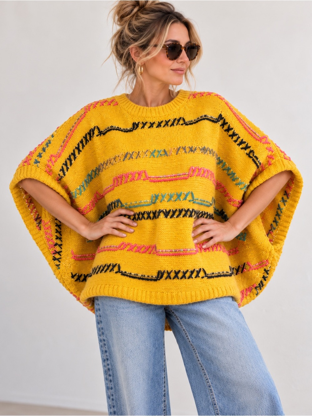 Easel Cosby Poncho Sweater M/L Mustard Yellow Colorful Stitch Boho Oversized